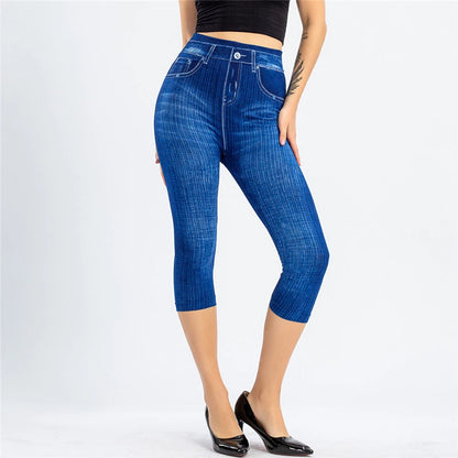 Summer Women Fashion High Waist Skinny Jeans Knee Length Denim Capri Pants High Waist Skinny Jeans Knee Length Denim Pants blue
