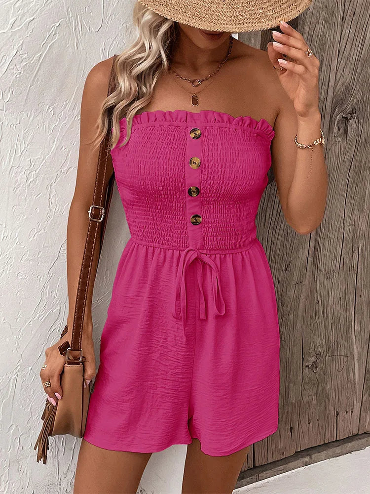 Summer Fashion Splicing Women's Solid Color Sexy Sleeveless Bra Button Tie Waist Casual Comfortable Jumpsuit Shorts 3/4