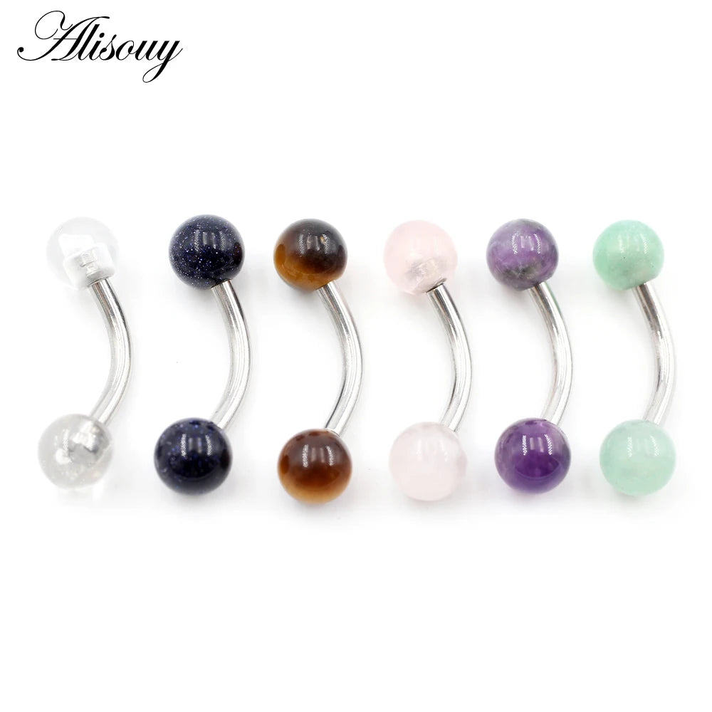 Alisouy 2PCS 14G Stainess Steel 5mm Stone Ball Eyebrow Curved Barbell Lip Ring Snug Daith Helix Earrings Body Piercing Jewelry