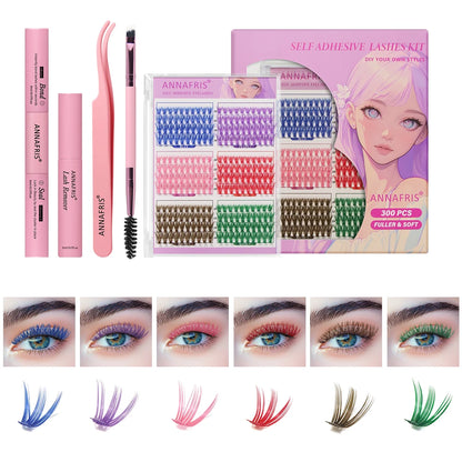 ANNAFRIS 300Pcs DIY Cluster Lash Extension Kit Color individual Lashes Kit with Lash Bond&Seal Remover Tweezers 30D Color Lash Kit United States