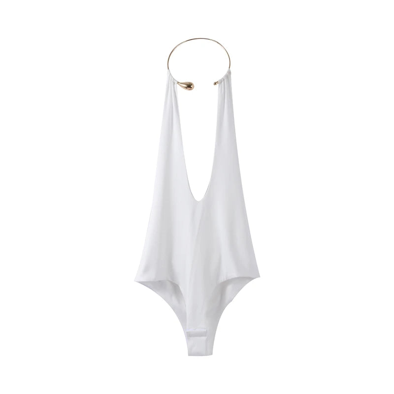 Sexy Metal Halter Deep V-neck Jumpsuits Women High Street Backless Sleeveless Short Bodysuit 2025 Summer New Lady Slim Clubwear