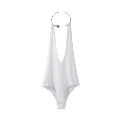 Sexy Metal Halter Deep V-neck Jumpsuits Women High Street Backless Sleeveless Short Bodysuit 2025 Summer New Lady Slim Clubwear