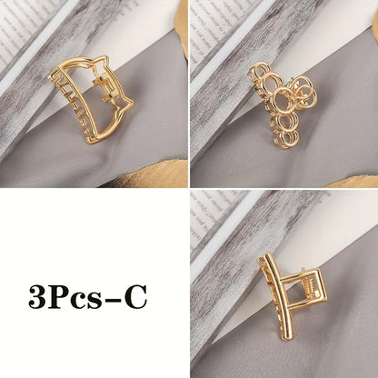 Fashion Simple Non Slip Mini Hollow Heart Metal Hair Claw Clips Gold Geometric Bangs Barrettes Hair Jaws For Women Girls Daily 3pcs-C
