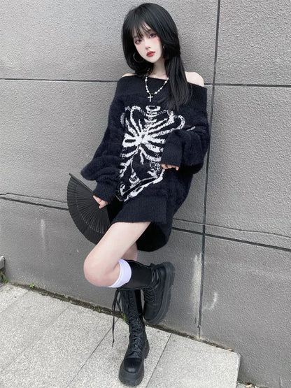 Goth Skull Print Harajuku Sweater Sweater Tops Aesthetic Women's Black Pullover Harajuku Fashion Streetwear Tops 2000