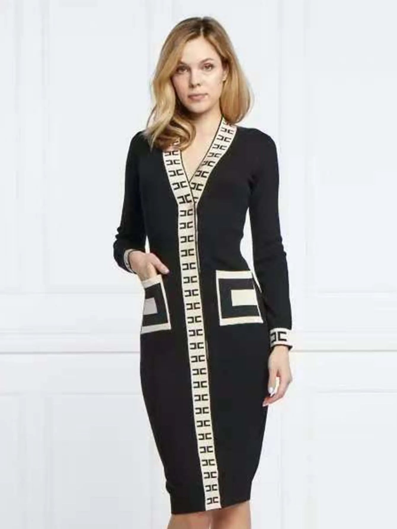 Women's Casual Dress V-neck Knit Elegant Long Sleeve Waisted Slim Fit Women Dresses Black Free Size Badiee Stylez