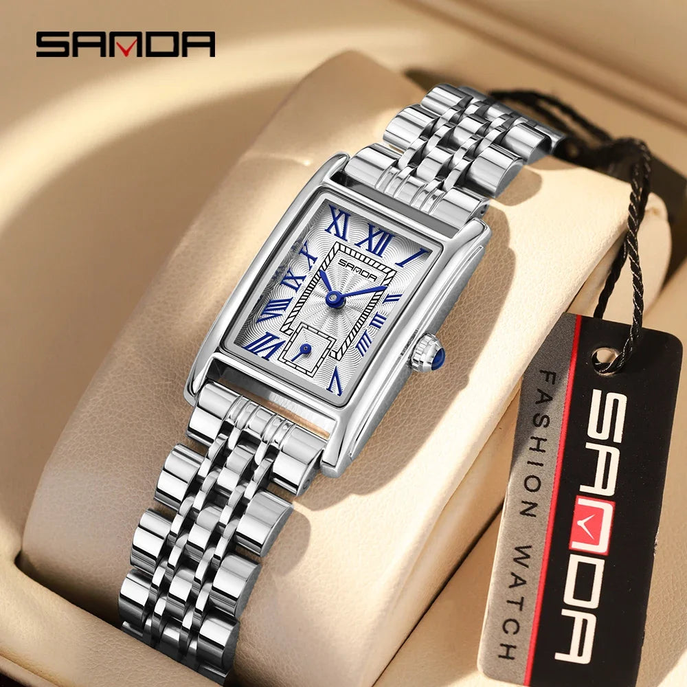 SANDA 1116 Quartz Watch Women Elegant Design Rectangle Dial Watches Waterproof Pointer Leather Business Ladies Wristwatches