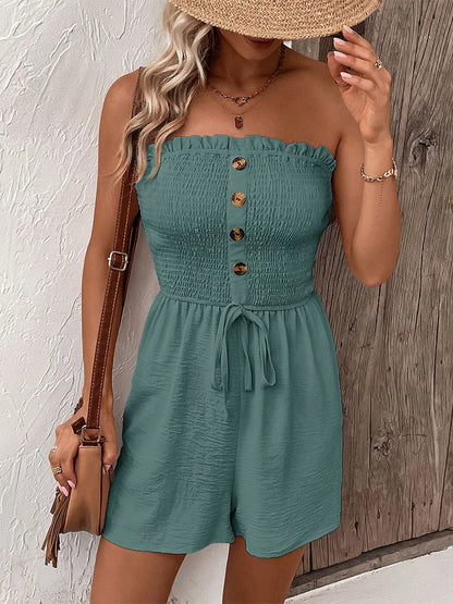 Summer Fashion Splicing Women's Solid Color Sexy Sleeveless Bra Button Tie Waist Casual Comfortable Jumpsuit Shorts 3/4