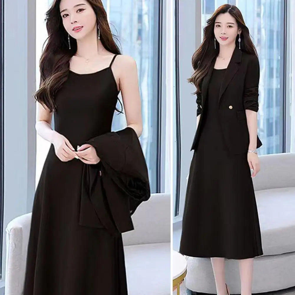 2Pcs/Set Summer Women Suit Dress Outfit Solid Color Mid-length Lady Dress Sets Light Luxury Commute Sling Dress Coat Set