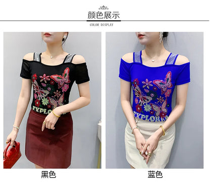 New Arrival Summer European Clothes Women's T-Shirts Chic Luxury Butterfly Hot Diamonds Tees Sexy Girl Slim Streetwear Tops