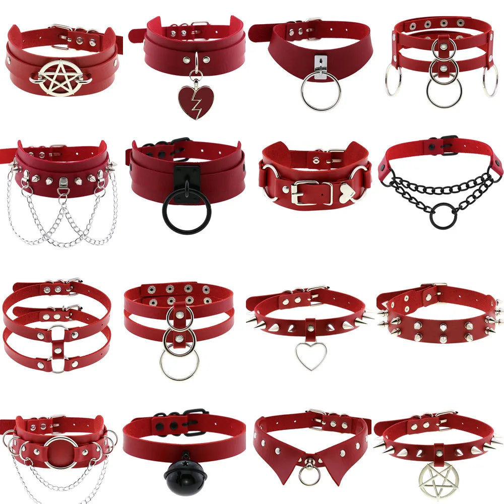 DIEZI Men Harajuku Red PU Leather Necklace Choker Women Ladies Punk Gothic Vintage Statement Collar Pendant Necklace New Jewelry