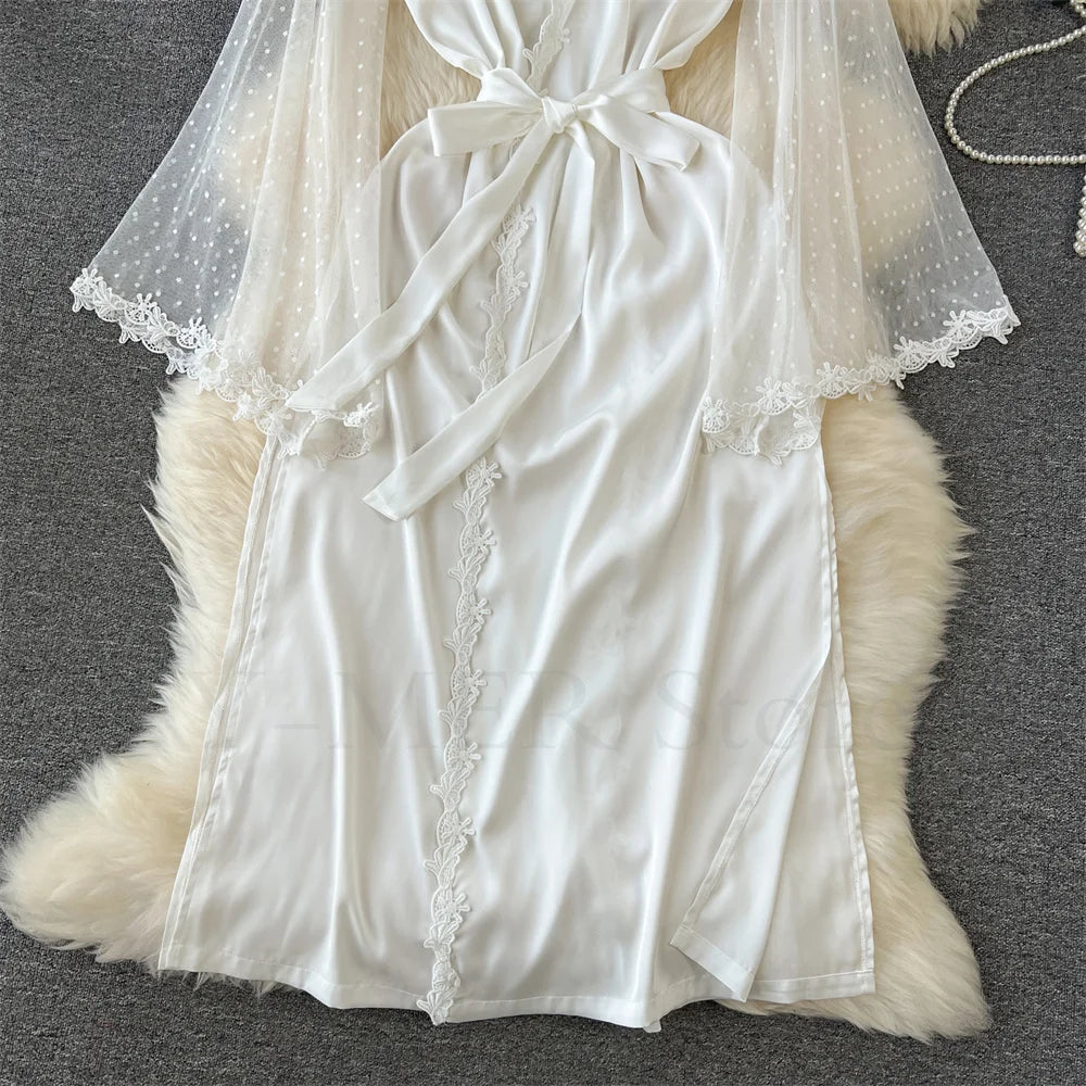 Sexy Embroider Edge Lady Kimono Bathrobe Dress Gown Mesh Sleeve Wedding Long Robe Sleepwear Loose Silk Satin Nightwear Lingerie