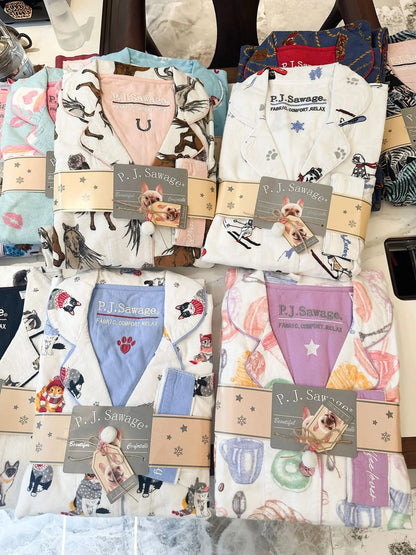 Women's Winter Pyjama Suit Print Long Sleeve Turn Down Collar Female Clothes 100% Cotton Single Breasted Sleepwear for Female