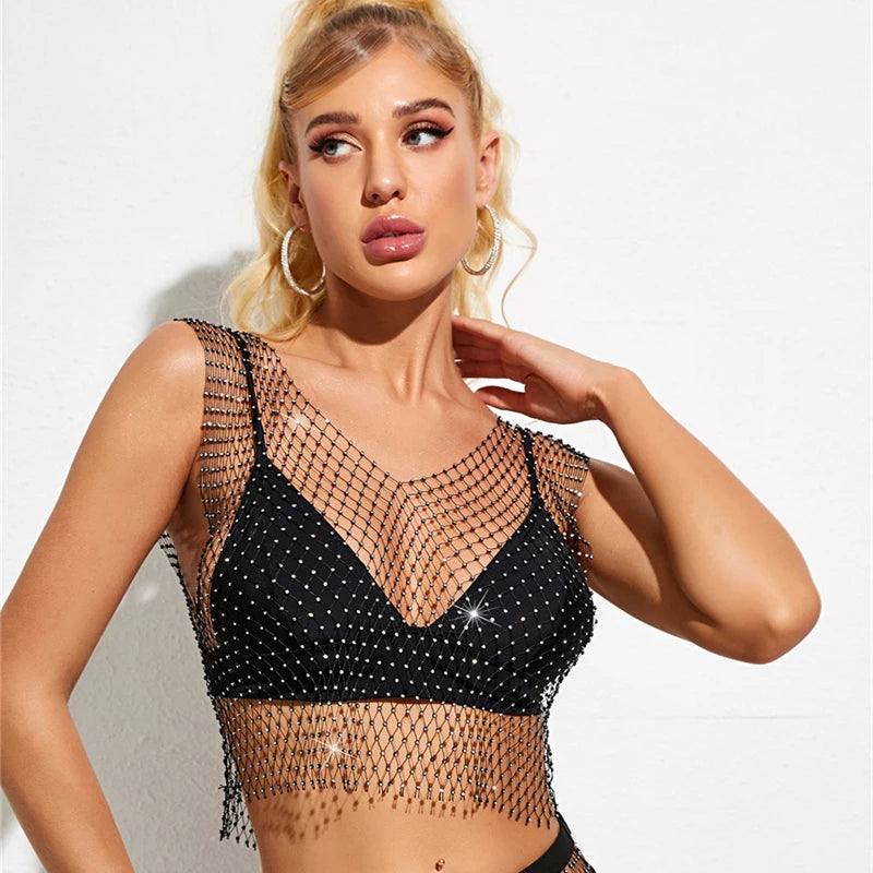 Sexy Diamonds Mesh Cropped Tank Top Women Summer Cover Up Bikini See Through Rhinestone Net Party Club Crop Top Dropshipping