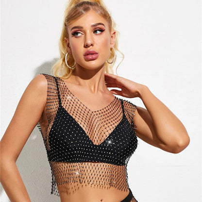 Sexy Diamonds Mesh Cropped Tank Top Women Summer Cover Up Bikini See Through Rhinestone Net Party Club Crop Top Dropshipping