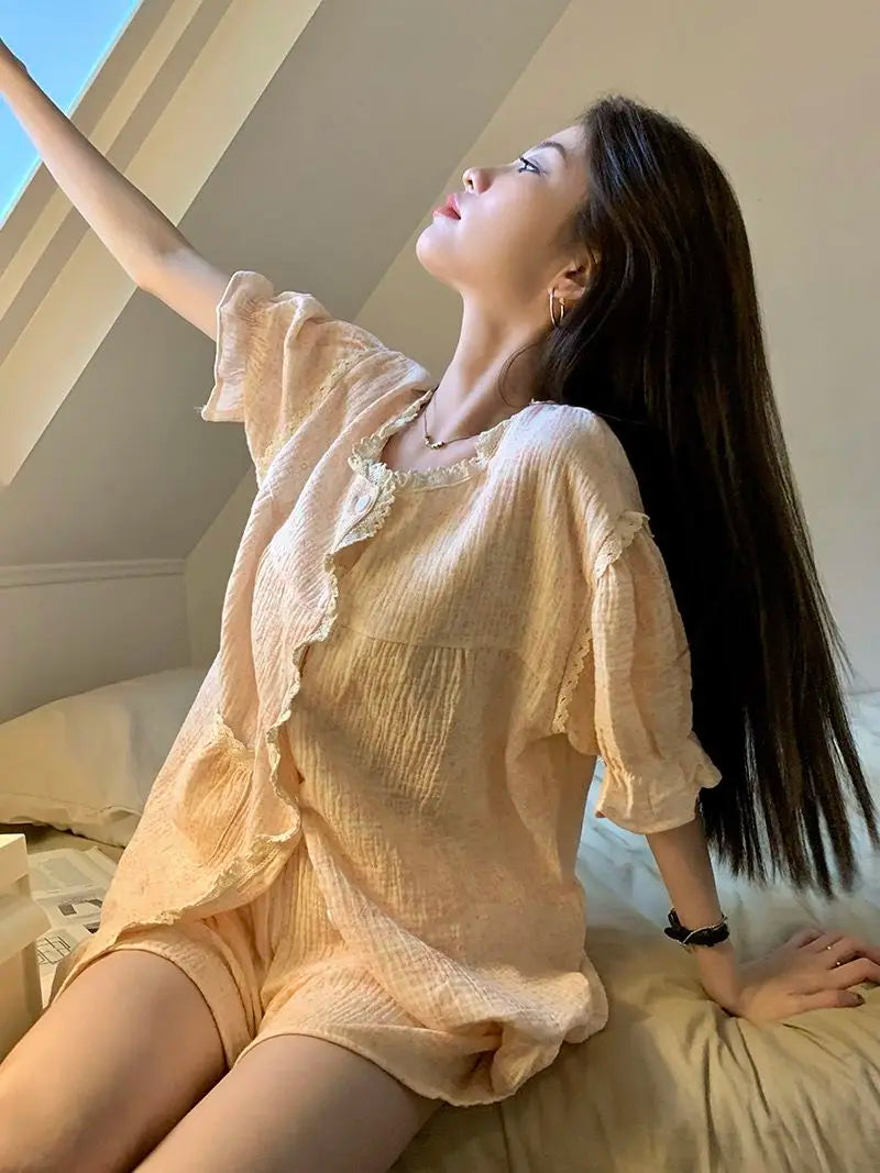 Ruffles Women Pajamas Sets for Home Summer Floral Sleepwear Shorts Sleeve Lace 2 Pieces Button Night Wears Korean Home Suit 2024