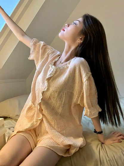 Ruffles Women Pajamas Sets for Home Summer Floral Sleepwear Shorts Sleeve Lace 2 Pieces Button Night Wears Korean Home Suit 2024