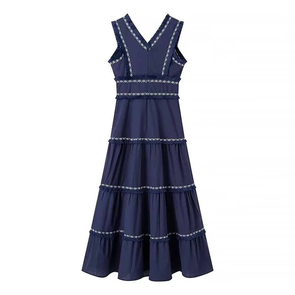 PB&ZA2024 Summer New Product: Casual Women's Fashion V-neck Sleeveless Waist Collection with Tassel Decoration Dress