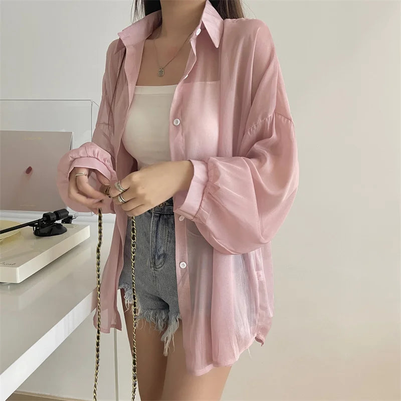 Semi Sheer Long Sleeve Shirt for Women Shimmer Button Down Collared Plain Lightweight Shirt Spring Summer Chic Tops Outfit