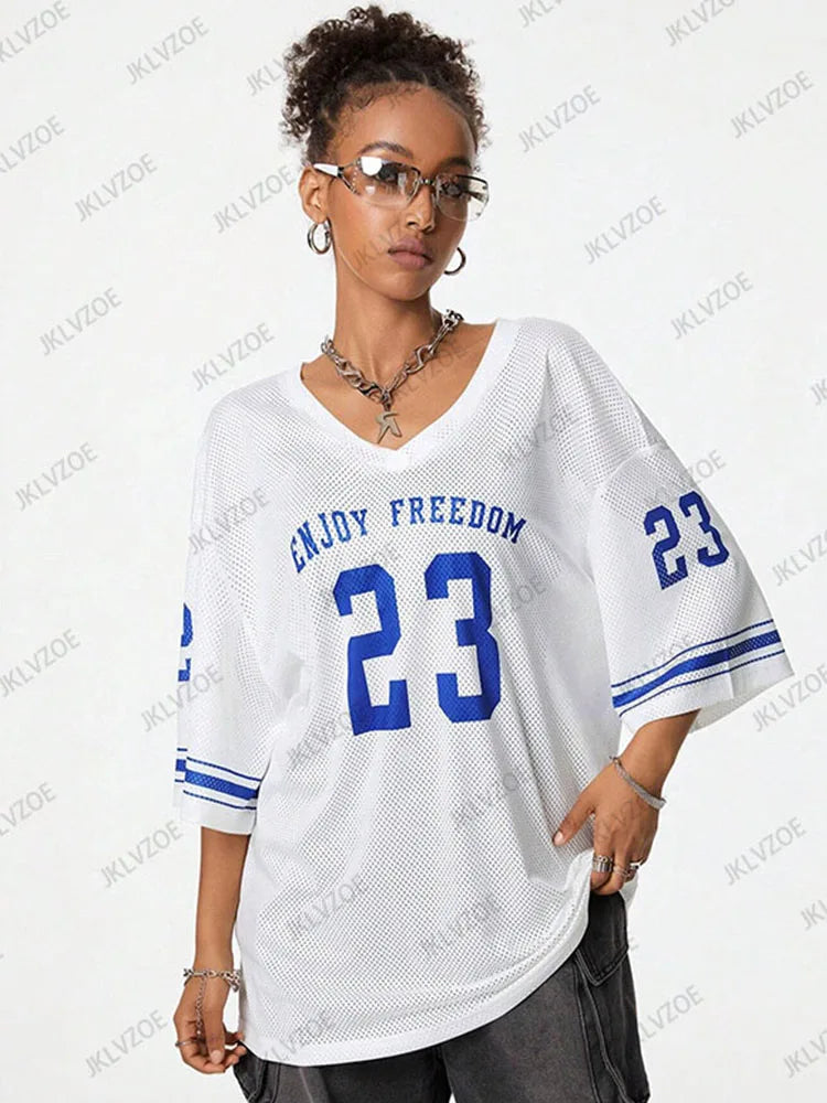 Summer New Black Enjoy Freedom 23 Print T-Shirt For Women V-Neck Short Sleeve Mesh Sports Football Jersey Y2K Oversized Tops TZ1127321