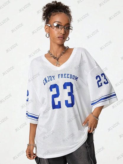 Summer New Black Enjoy Freedom 23 Print T-Shirt For Women V-Neck Short Sleeve Mesh Sports Football Jersey Y2K Oversized Tops TZ1127321