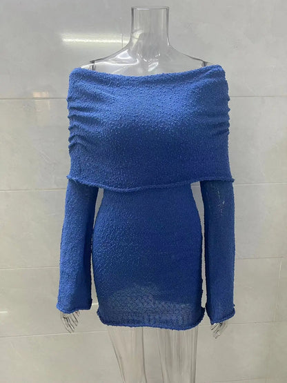 Leosoxs Slash Neck Knitted Dress Women Thin Autumn Long Sleeve Elegant Vacation Beach Party Midnight Clubwear Mini Bodycon