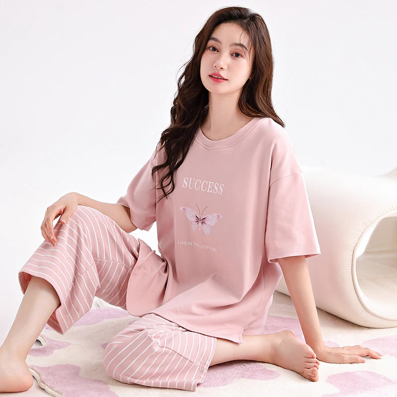 Newest Summer Casual Pajamas Set Women 100% Cotton Sleepwear Female Short Top+Calf-Length Pant Pyjamas DM99168