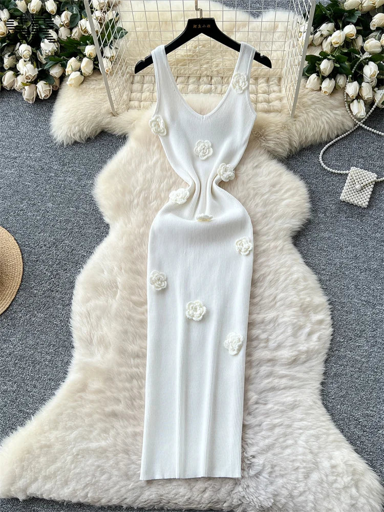 SINGREINY Knitted 3D Flower Chic Dress Sleeveless Slim Solid Elastic Sundress Women Summer Casual Fashion Bodycon Long Dresses white One Size
