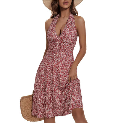 Ladies' Sexy Elegant Bohemian Floral Printed Summer Sleeveless Deep V-neck High Waist Beach Vacation A-line Daily Ruffle Dresses