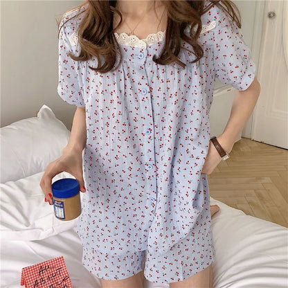 Cherry Sleepwear Pajamas Women Summer Short Sleeve Shorts Sweet Small Lace Japan Fashion Ins Student Korean Homewear Set