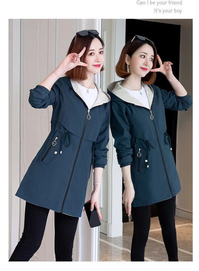 Double-Sided Trench Coat Women 2023New Fashion Spring Autumn Clothes Hooded Mid-Length Windbreakers Female Outerwear Casual Tops