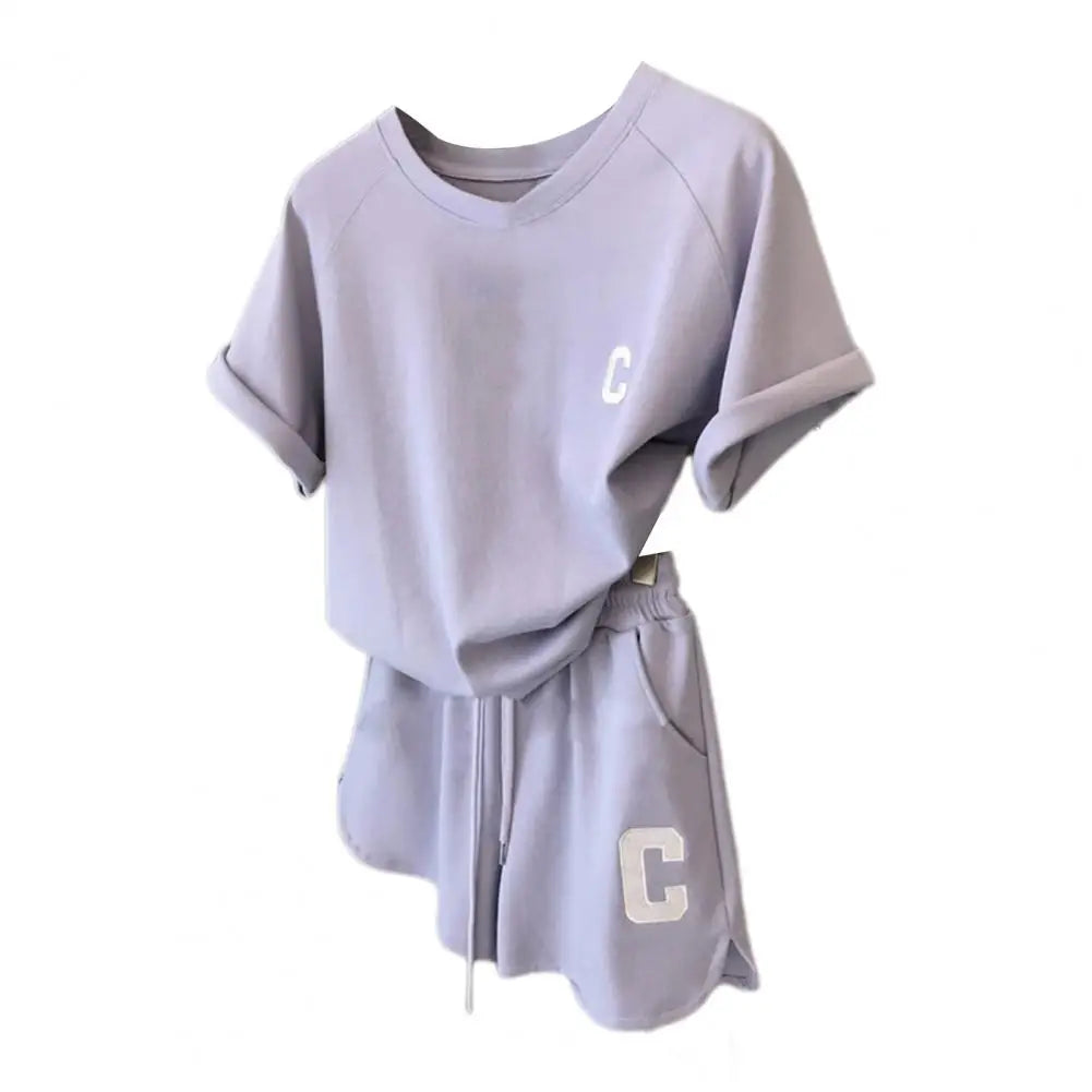 Women Tracksuit C Letter Print Short Sleeve T-shirt Drawstring Shorts Sport Suit Lady Exercise T-shirt Shorts Two-piece Suit Purple