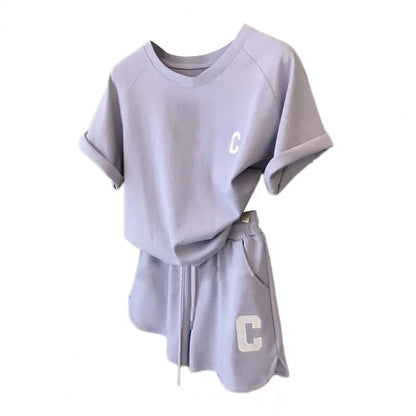 Women Tracksuit C Letter Print Short Sleeve T-shirt Drawstring Shorts Sport Suit Lady Exercise T-shirt Shorts Two-piece Suit Purple