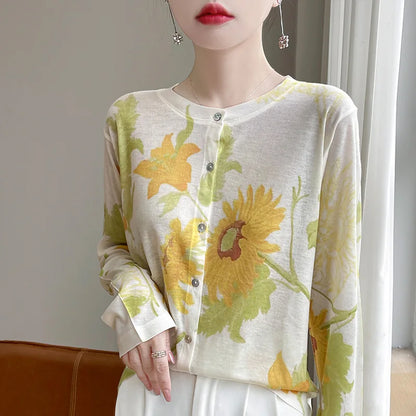 Spring And Summer New Lyocell Water-Soluble Wool Blended Round Neck Knit Cardigan Long Sleeve Feminine Sweater Printed Top