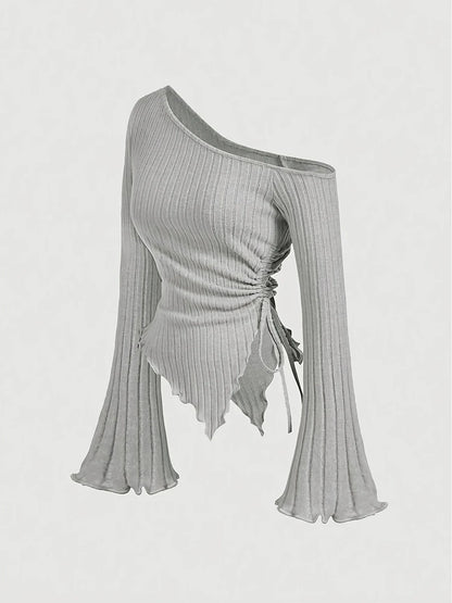 women's New off shoulder cross long sleeved slim fit casual street style asymmetrical elegant T-shirt trumpet sleeve top