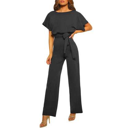 Women's clothing summer 2024 Jumpsuit, Elegant Short Sleeve Hollowed Waist Tie Solid Summer Wide Leg Pants Badiee Stylez
