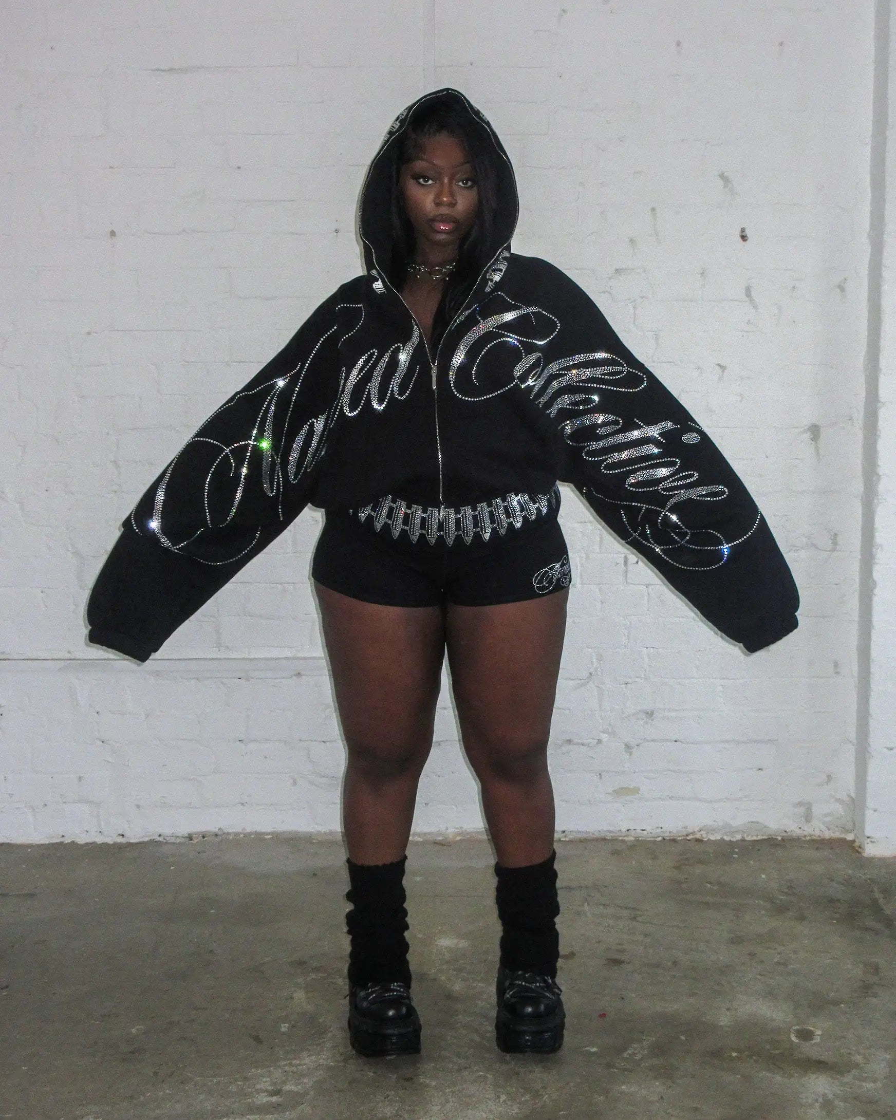 Vintage 2000s Cropped Hoodie Y2K Womens Hip Hop Letters Shine Rhinestone Oversized Zipper Hoodie Sweatshirt Casual Jacket