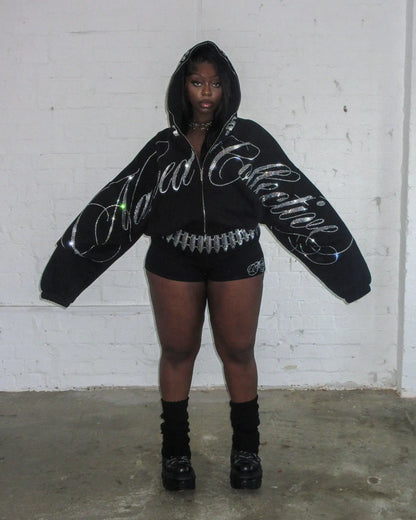 Vintage 2000s Cropped Hoodie Y2K Womens Hip Hop Letters Shine Rhinestone Oversized Zipper Hoodie Sweatshirt Casual Jacket