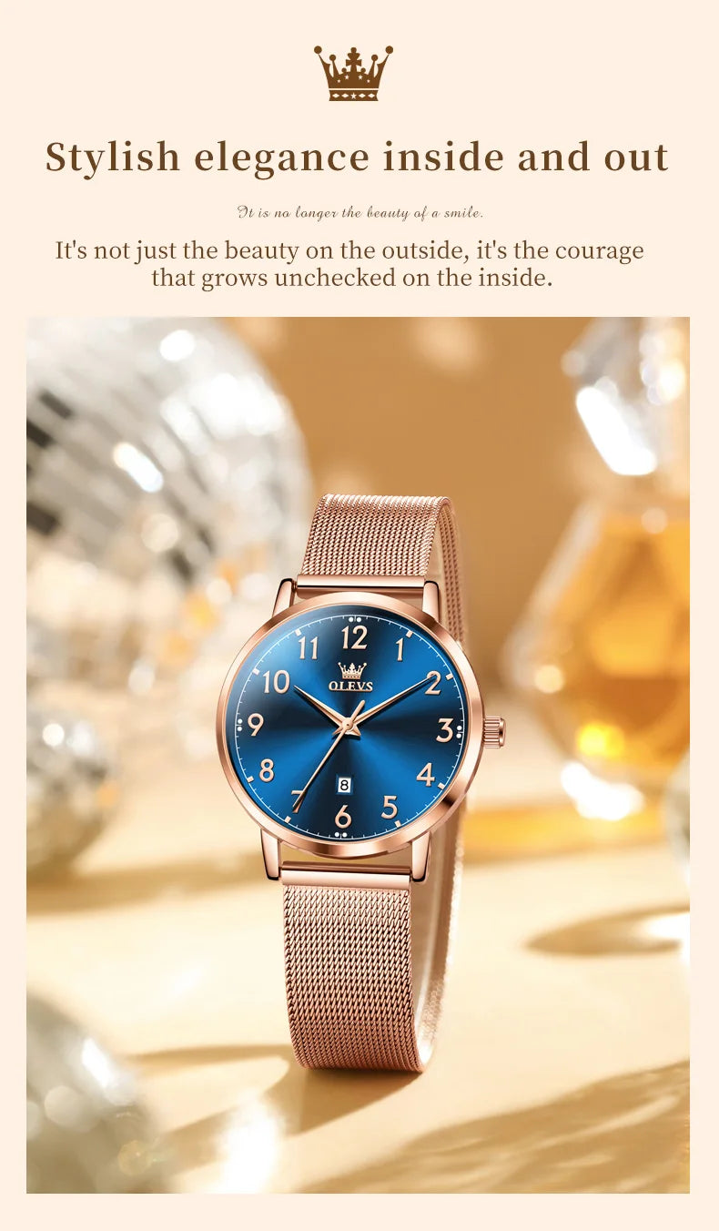 OLEVS New 5653 Woman Watch Elegant Rose Gold Mesh Steel Strap Ladies Watches Digital Dial Simple Fashion Quartz Watch for Women