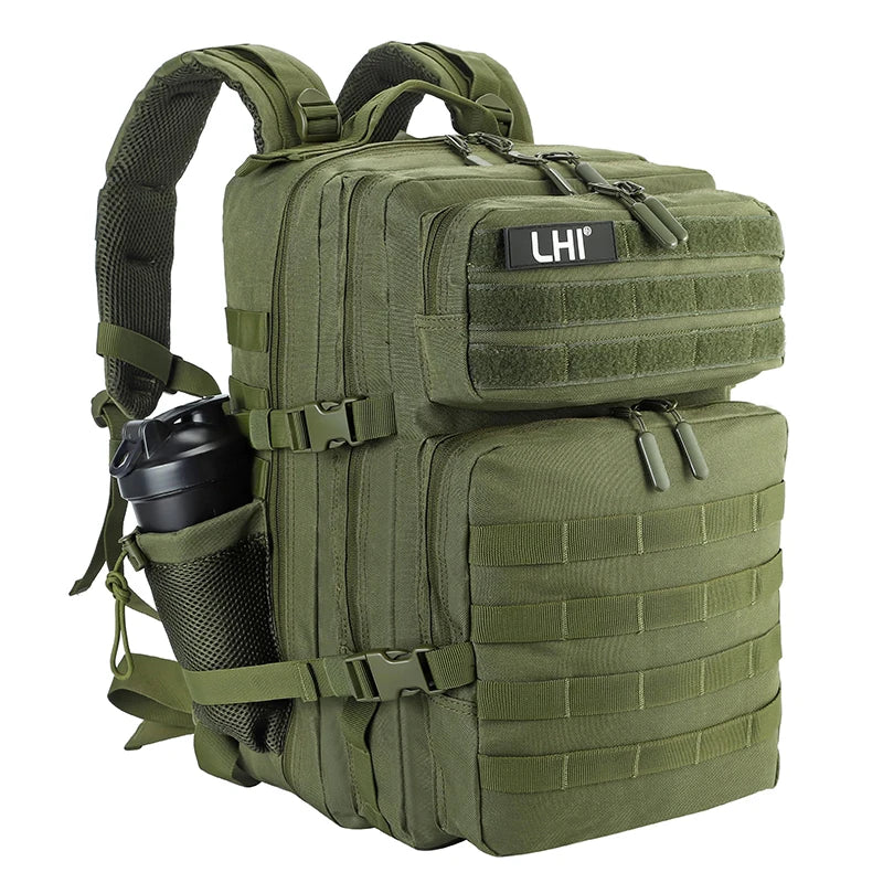 LHI 45L Tactical Backpack for Men and Women Large Athlete Gym Bag Outdoor Sports Hiking Survival Rucksack with Bottle Holder Army Green