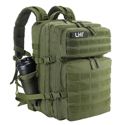 LHI 45L Tactical Backpack for Men and Women Large Athlete Gym Bag Outdoor Sports Hiking Survival Rucksack with Bottle Holder Army Green