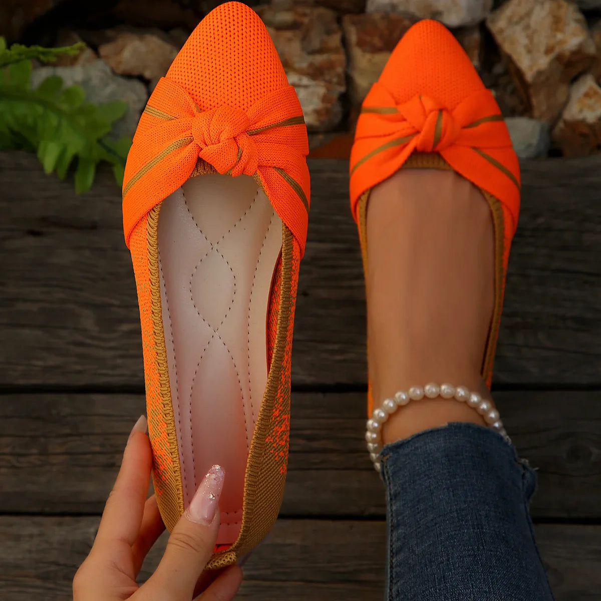 2025 Spring Autumn Pointed Bow Flat Shoes Women's Fashion Lightweight Comfortable Casual Shoes Large Size Women Loafers Orange