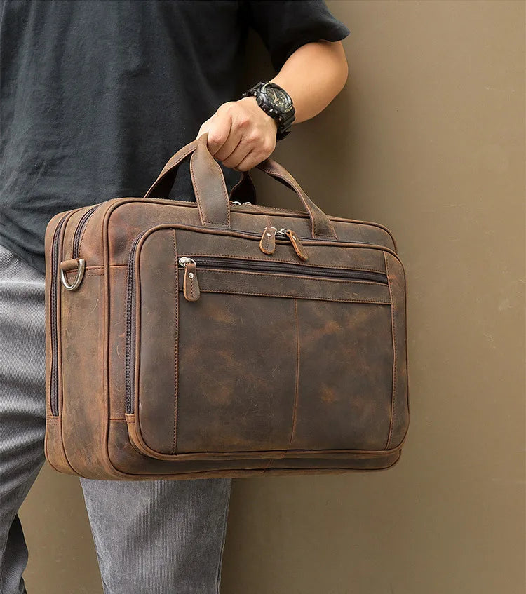 High Quality Genuine Leather Men Briefcase Business bag Crazy Horse Leather Large 17"inch Laptop Bag male Portfolio Office Case