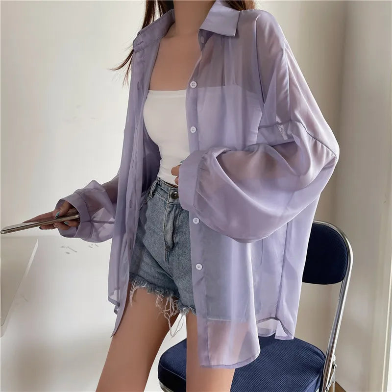 Semi Sheer Long Sleeve Shirt for Women Shimmer Button Down Collared Plain Lightweight Shirt Spring Summer Chic Tops Outfit