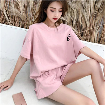 Red Two piece Cotton Women's Sportswear Set 2025 Summer New Round neck Short sleeved Top+Shorts Women Loose Casual Clothing