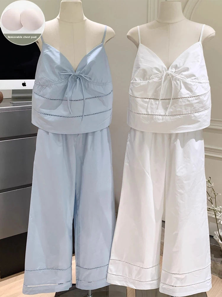 Women's Sexy Pajamas Set V-Neck Strap Suit Elegant Minimalist Faux Cotton Bow Sleeveless Top Long Pants Sleepwear Bra Pads