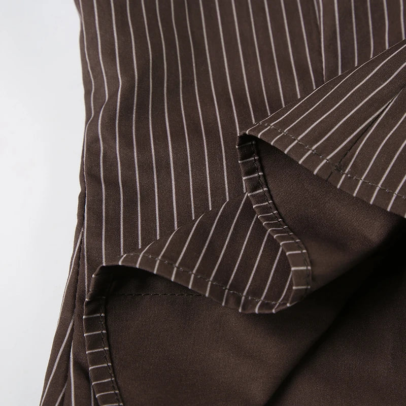 New Women Striped Shirt Casual Turn Down Collar Flare Sleeve Slim Fit Button Up Blouse Minimalist Aesthetic