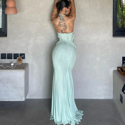 WhereMery Sexy Off Shoulder Butterfly Appliques Halter Maxi Dress 2025 Summer Women Trend See Through Hollow Out Beach Vestidos