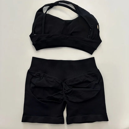 No Logo Yoga Asymmetric Gym Set Women Seamless Yoga Set Workout Shorts Sets Halter Sports Bra Scrunch Bum Shorts Fitness Clothes Badiee Stylez