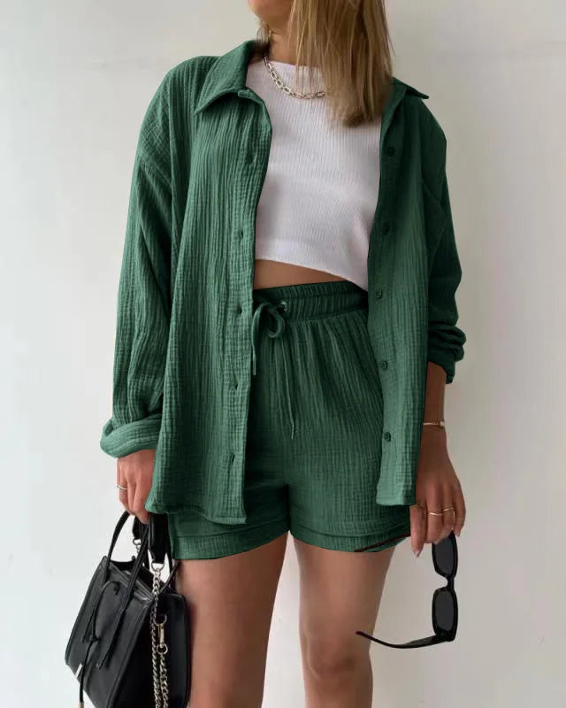 Short Sets Women Tracksuit Single Breasted Cardigan Blouses Two Pieces Shorts Loose Button High Street Solid Pockets Folds