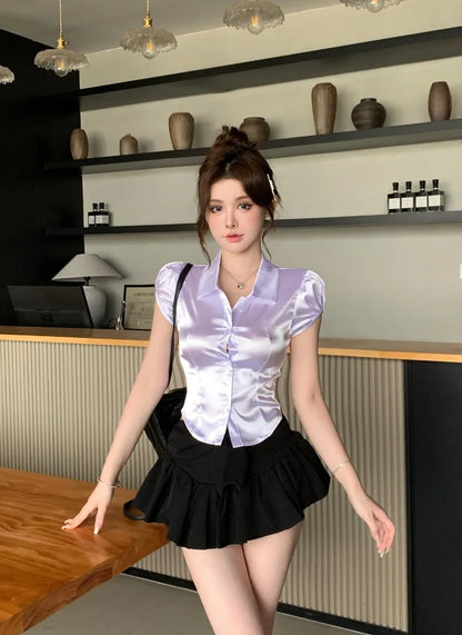 Summer Sexy Silk Shirts Women 2025 Korean Fashion Clothes Short Sleeve Button Up Ladies White Puff Sleeve Crop Tops and Blouses